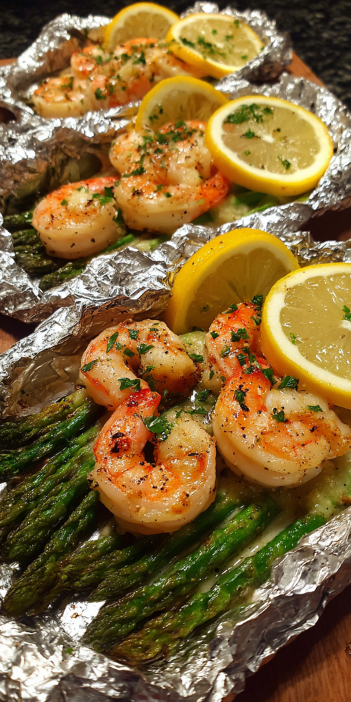 Lemon Garlic Butter Shrimp Packets with Asparagus served warm with cozy spices