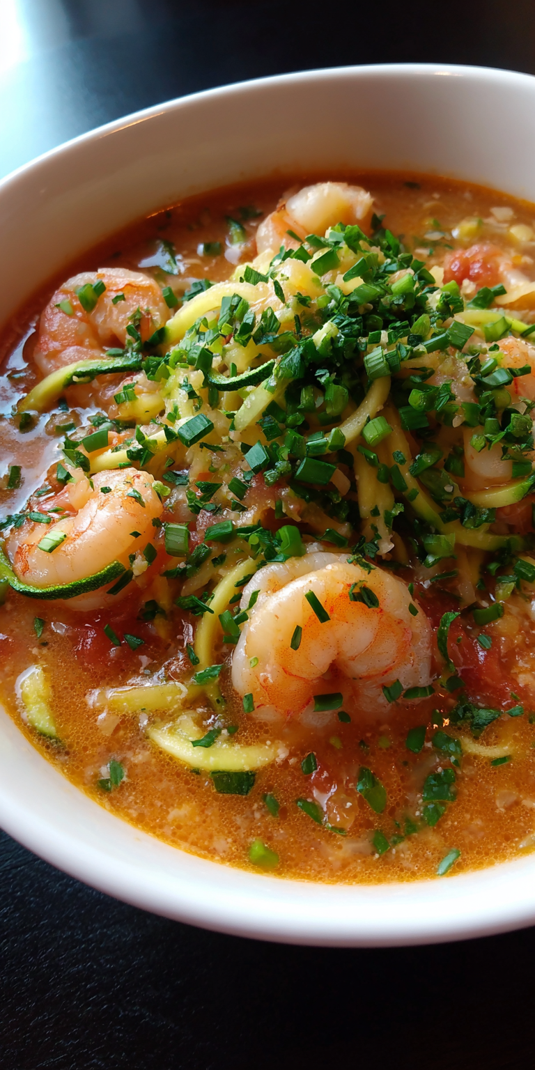 Low-Carb Zucchini Noodle Shrimp Lasagna Soup served warm with cozy spices