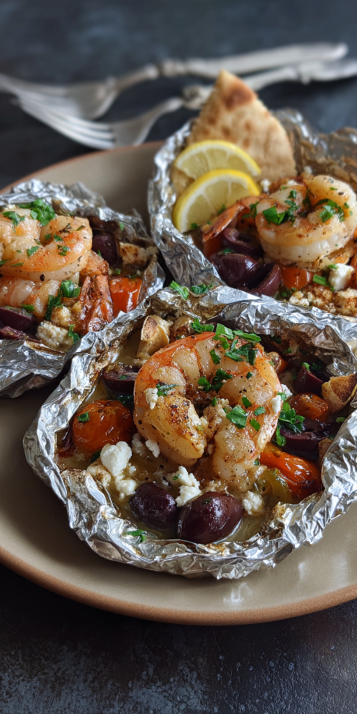 Mediterranean Shrimp Packets with Olives & Feta served warm with cozy spices