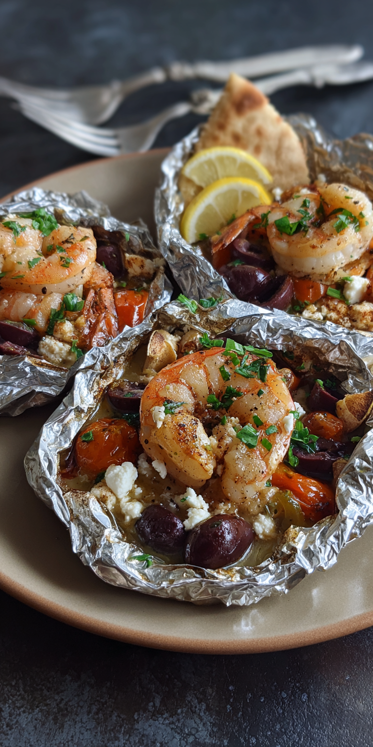 Mediterranean Shrimp Packets with Olives & Feta served warm with cozy spices