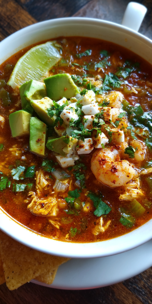 Roasted Poblano Chicken & Shrimp Taco Soup Recipe