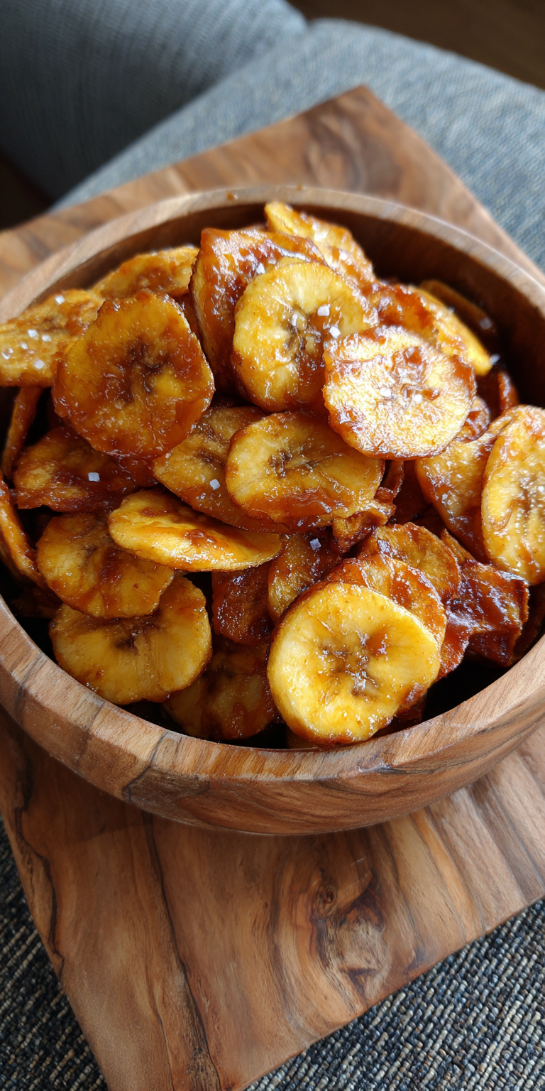 Salted Caramel & Sea Salt Air Fryer Banana Chips served warm with cozy spices