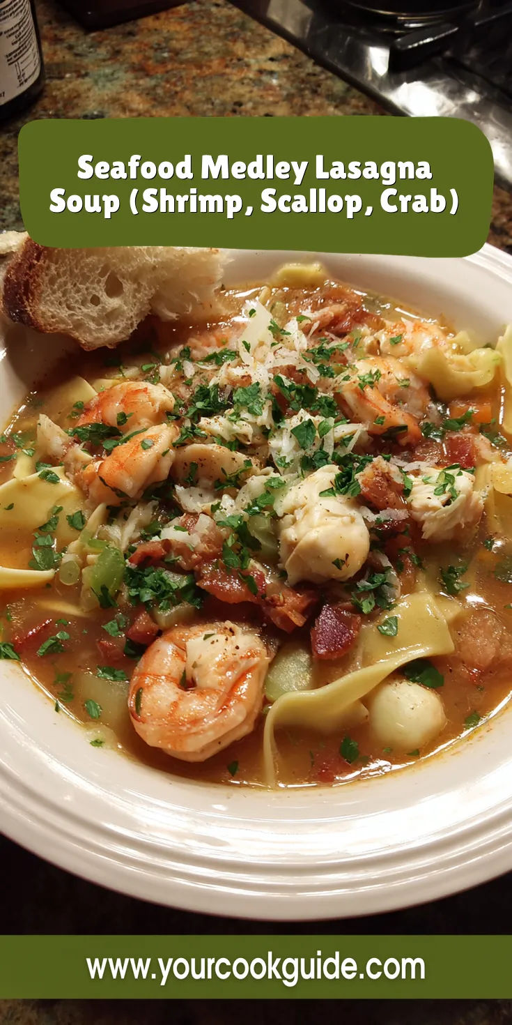 Seafood Medley Lasagna Soup (Shrimp, Scallop, Crab) served warm with cozy spices