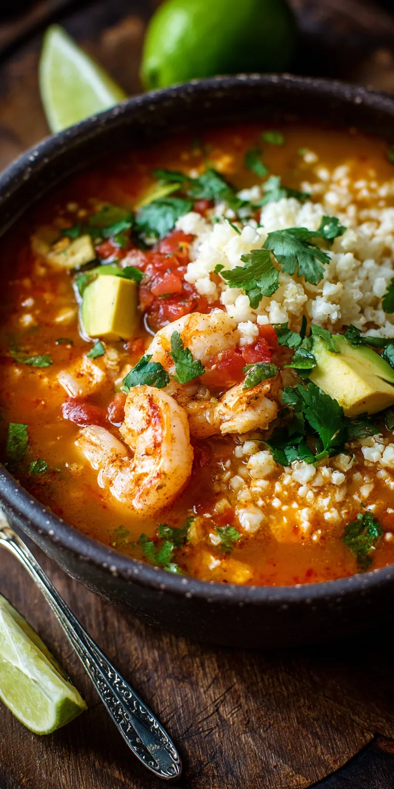 Skinny Chicken & Shrimp Taco Soup with Cauliflower Rice served warm with cozy spices