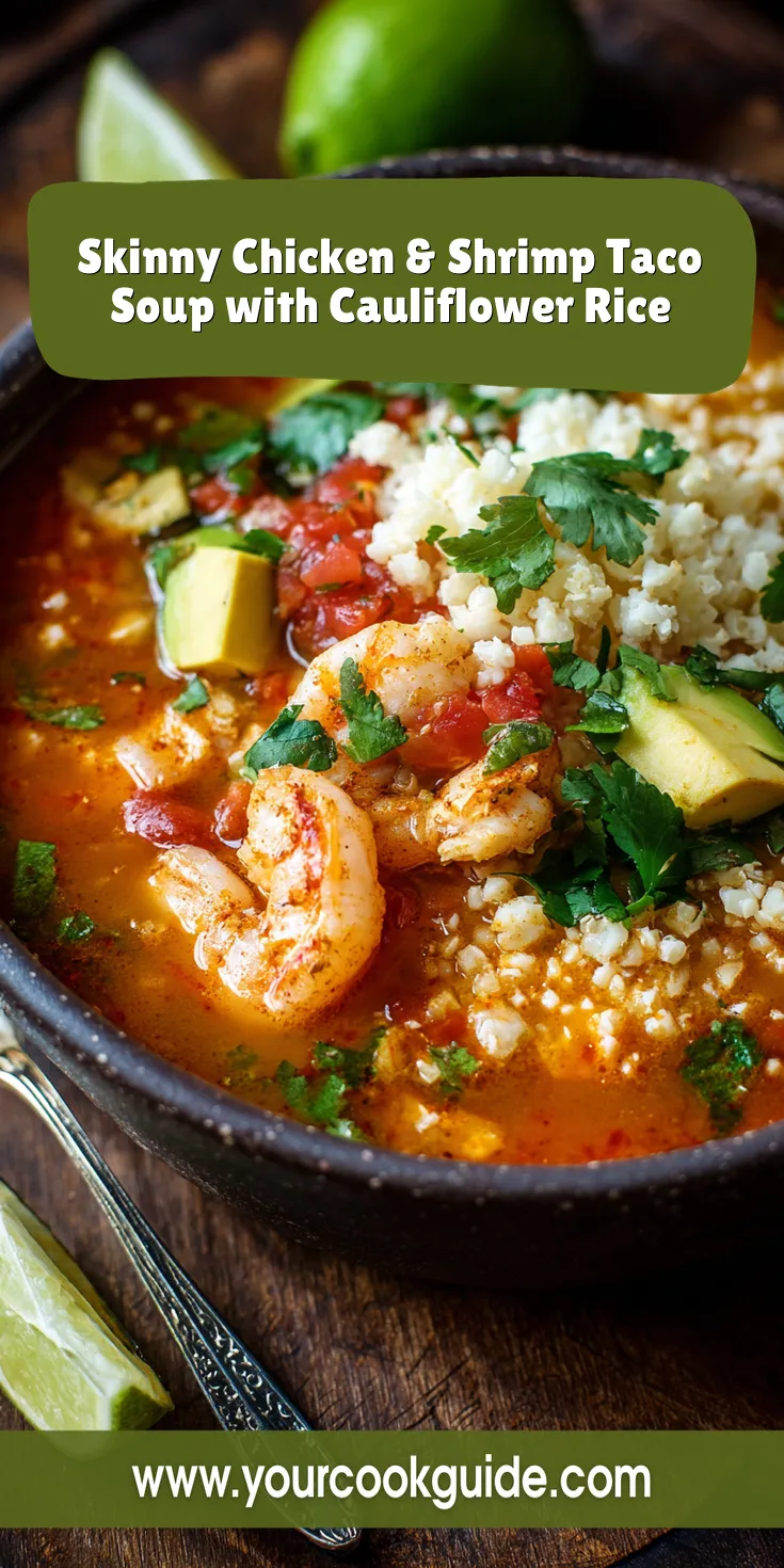 Skinny Chicken & Shrimp Taco Soup with Cauliflower Rice served warm with cozy spices