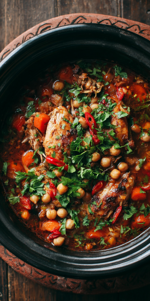Slow Cooker Harissa Chicken & Chickpea Stew served warm with cozy spices