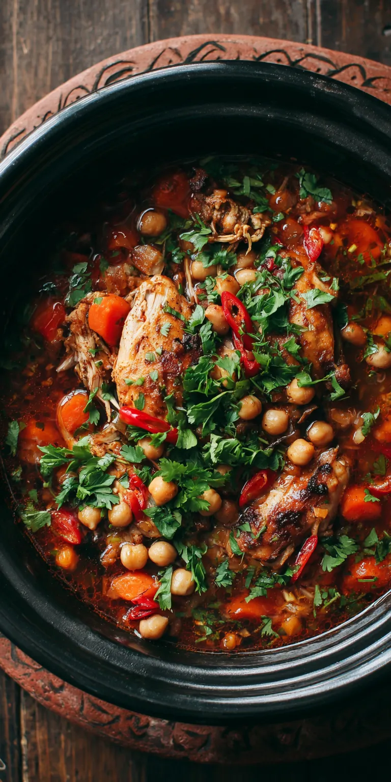 Slow Cooker Harissa Chicken & Chickpea Stew served warm with cozy spices