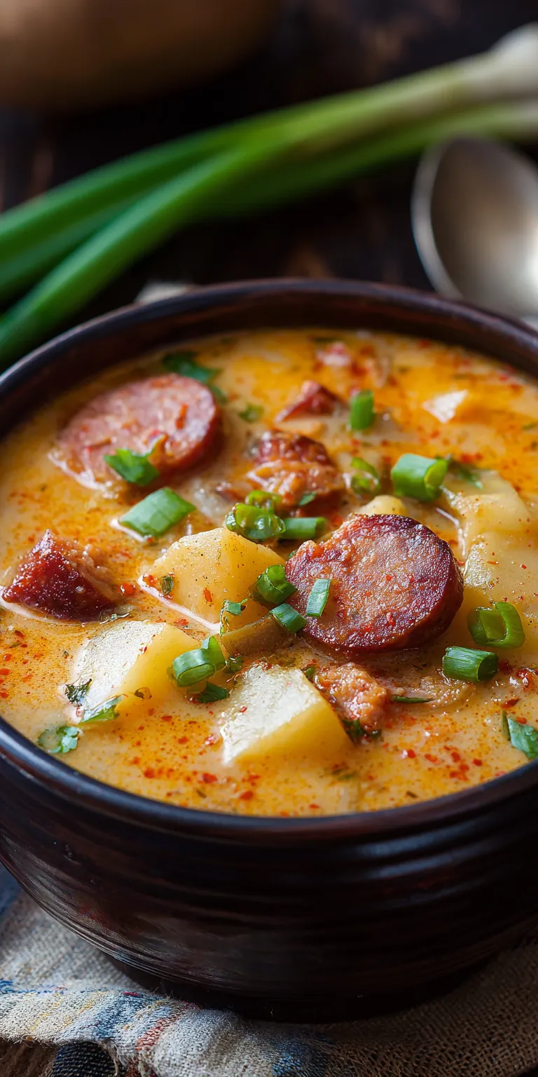Smoky Andouille Sausage & Cajun Potato Soup served warm with cozy spices