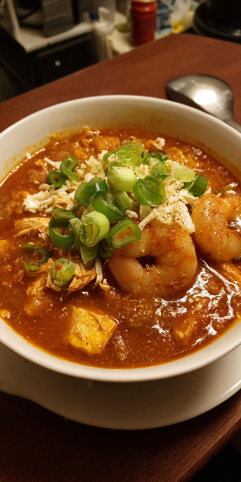 Smoky Chipotle Chicken & Shrimp Tortilla Soup served warm with cozy spices
