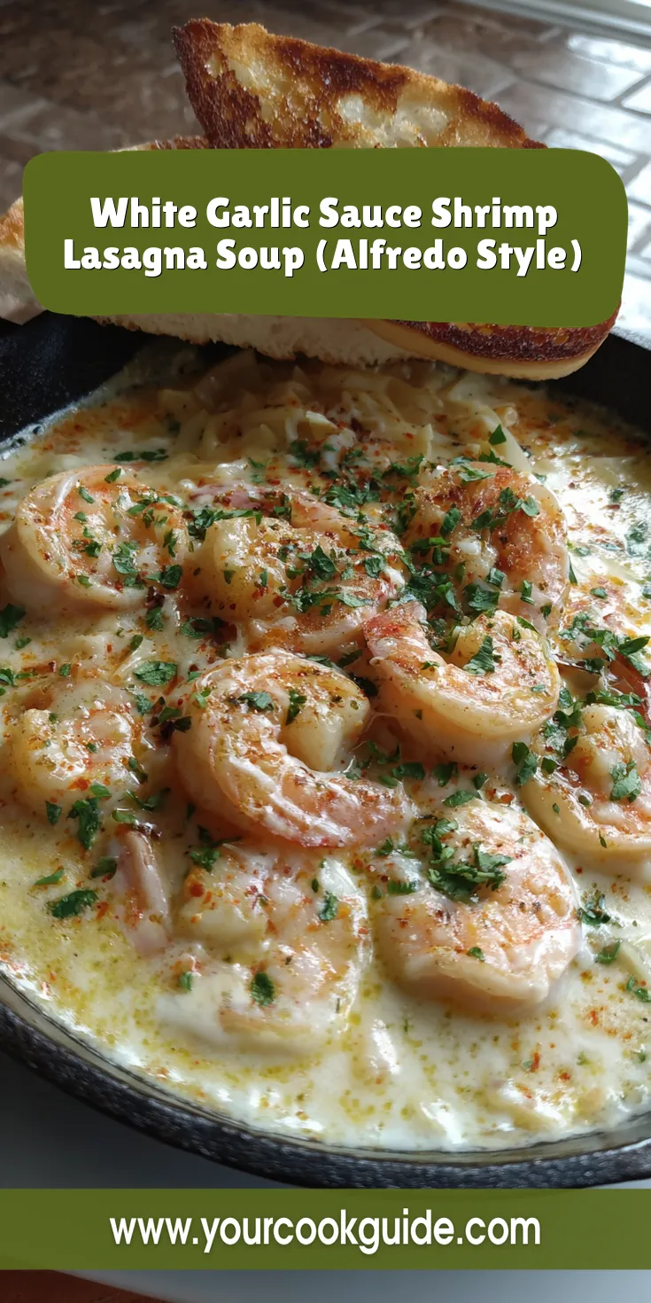 White Garlic Sauce Shrimp Lasagna Soup (Alfredo Style) served warm with cozy spices