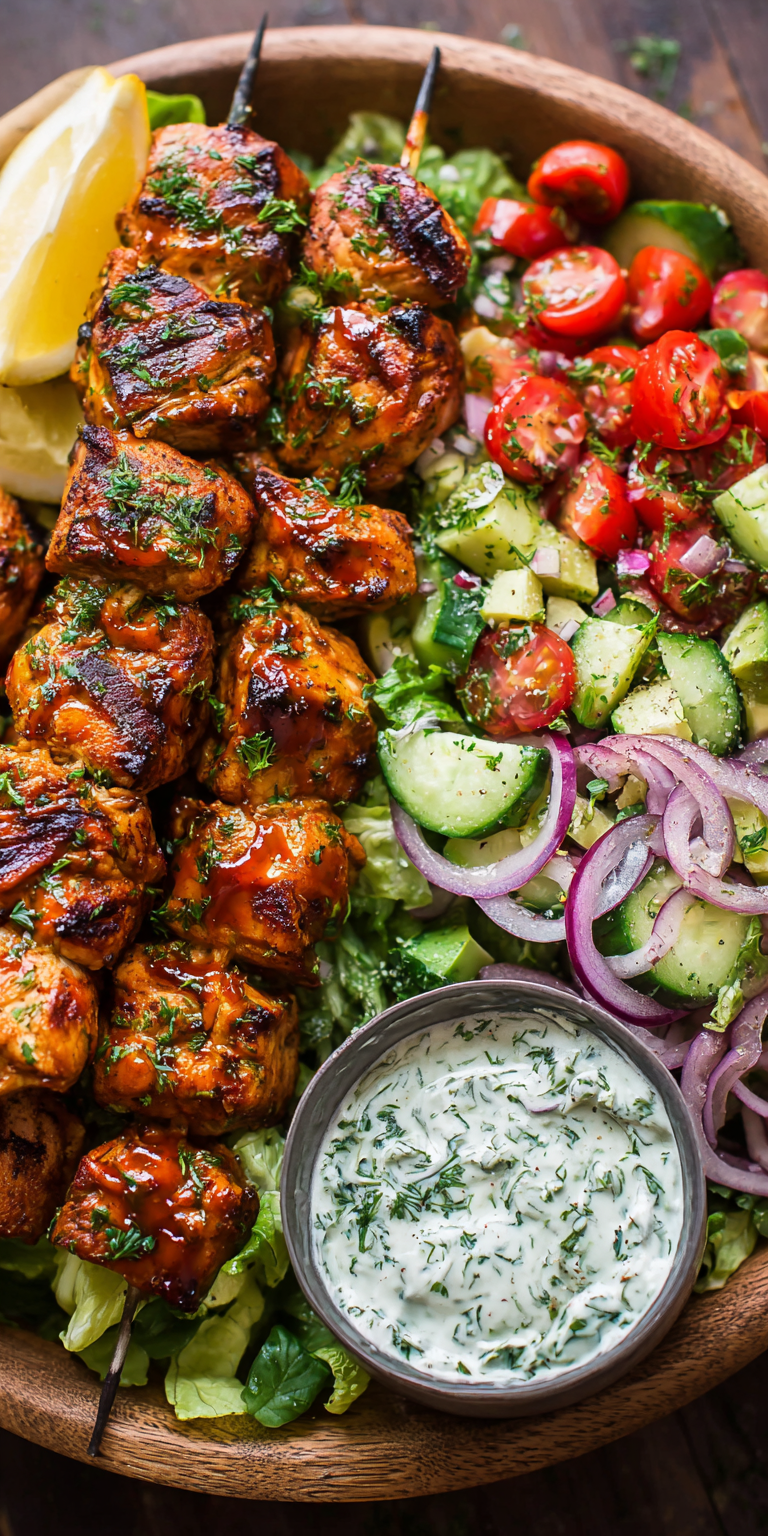 BBQ Chicken Skewer Salad served warm with cozy spices