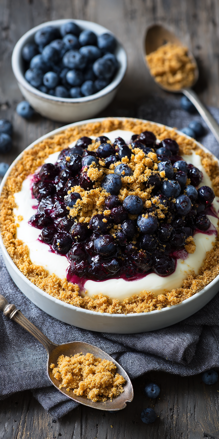 Blueberry Crumble Cheesecake served warm with cozy spices