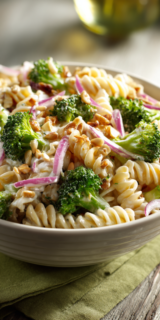 Broccoli and Cheddar Cold Pasta Salad served warm with cozy spices