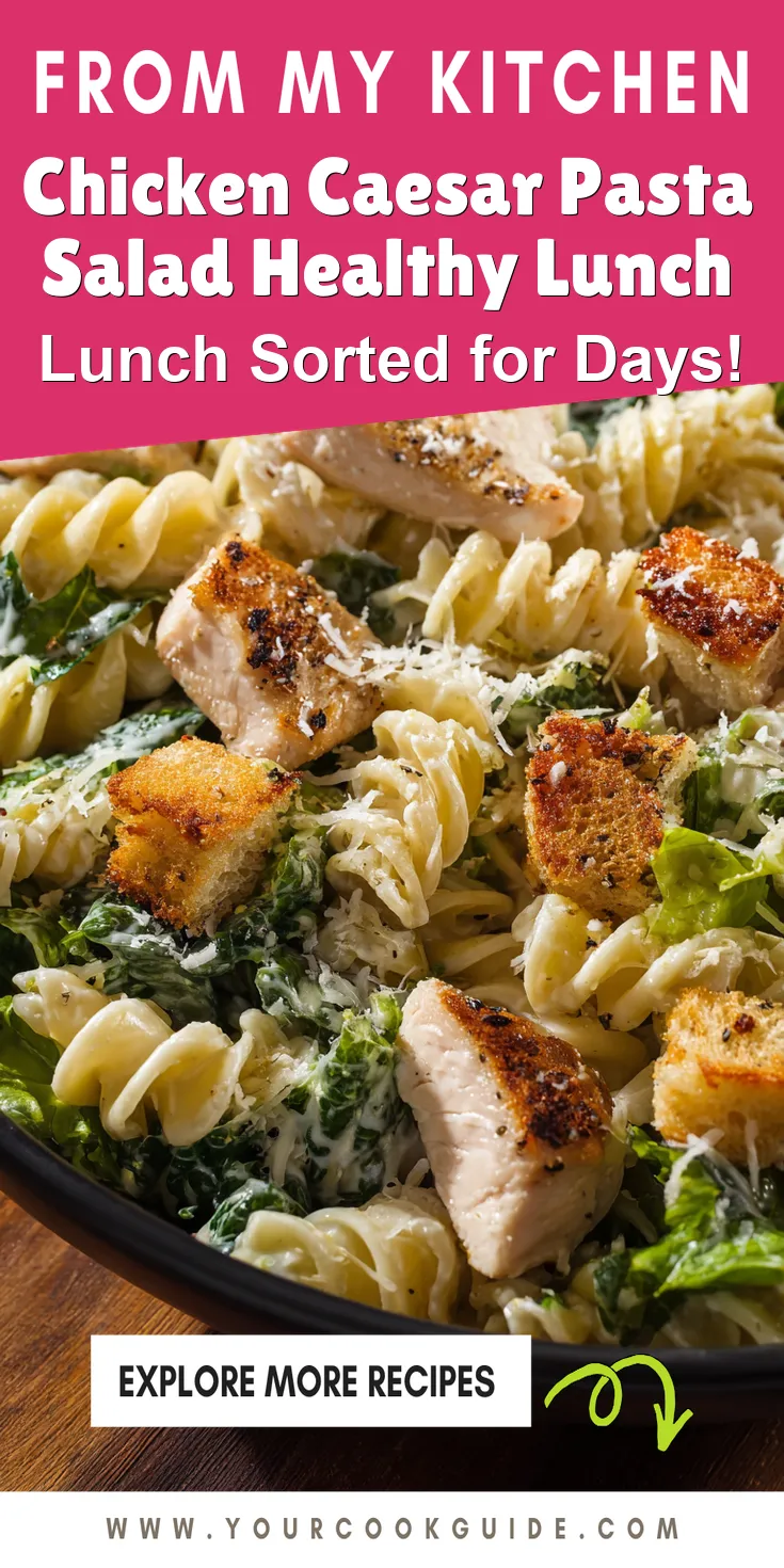Chicken Caesar Pasta Salad Healthy Lunch served warm with cozy spices