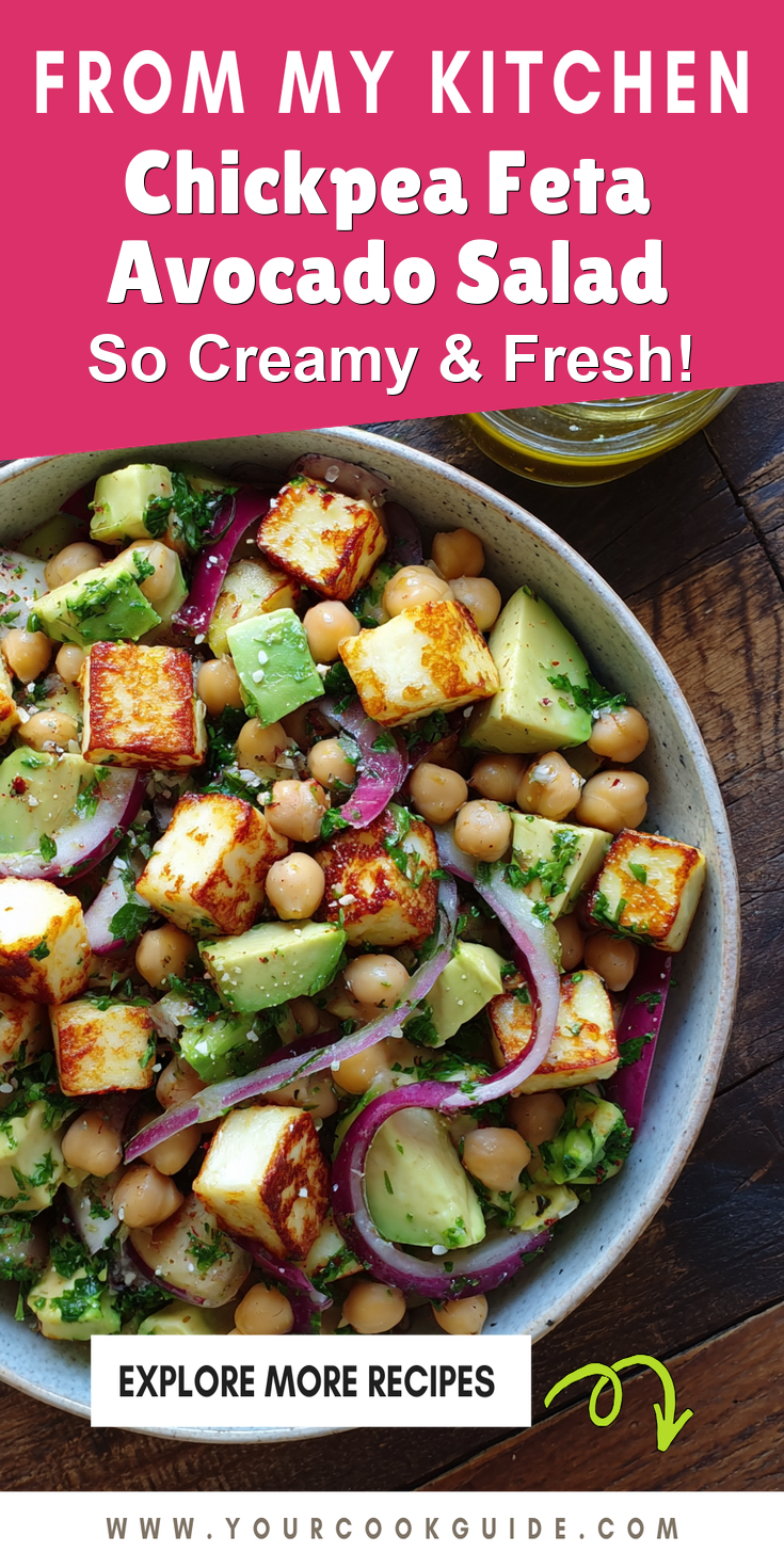 Chickpea Feta Avocado Salad served warm with cozy spices