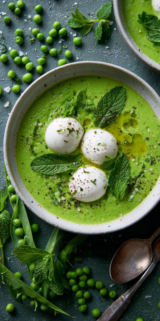 Chilled Spring Pea & Mint with Burrata served warm with cozy spices