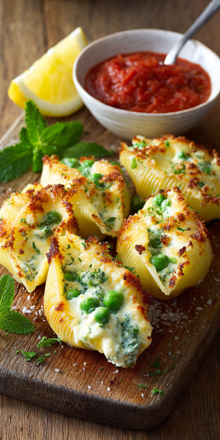 Conchiglioni with ricotta and petits pois served warm with cozy spices