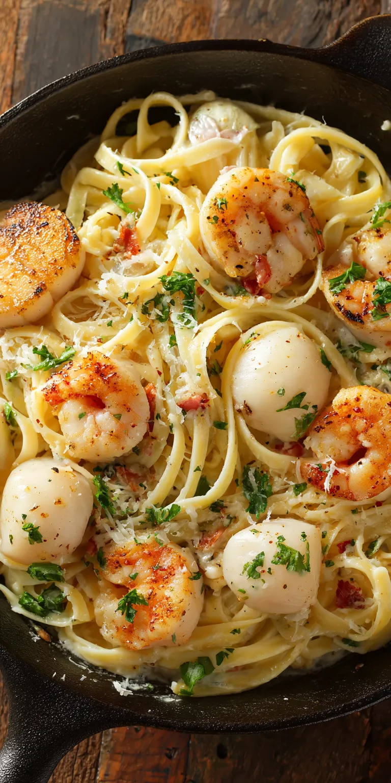 Creamy Alfredo Seafood Pasta served warm with cozy spices