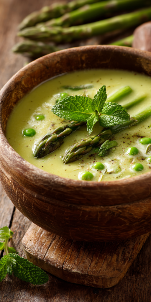 Creamy Asparagus and Pea Spring Soup served warm with cozy spices
