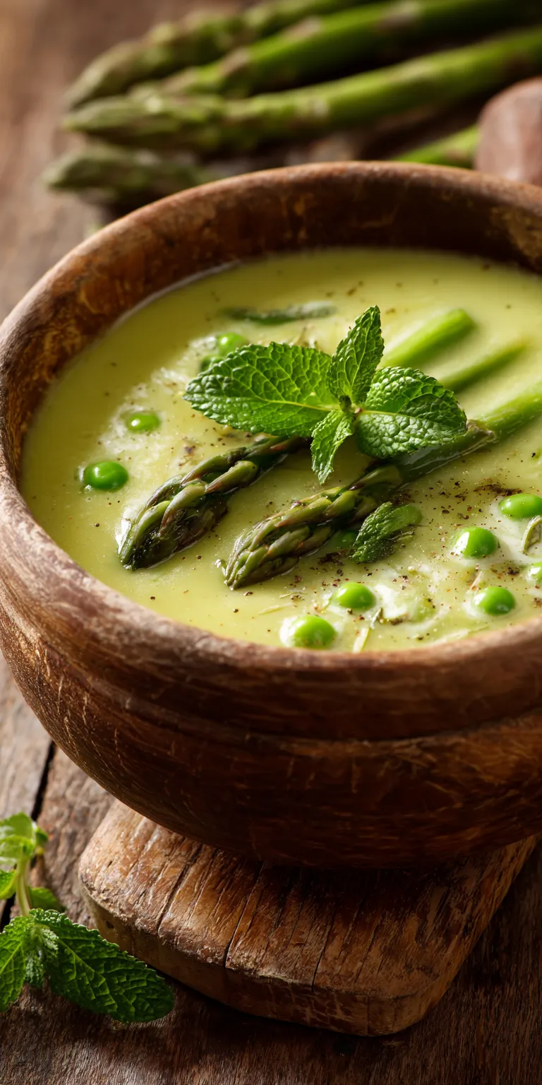 Creamy Asparagus and Pea Spring Soup served warm with cozy spices