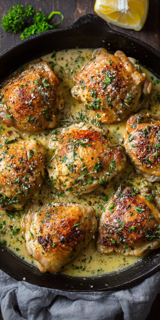 Creamy Garlic Butter Easy Chicken Thighs served warm with cozy spices