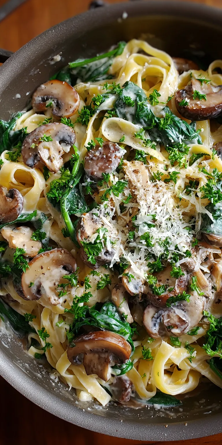 Creamy Mushroom Spinach Pasta served warm with cozy spices
