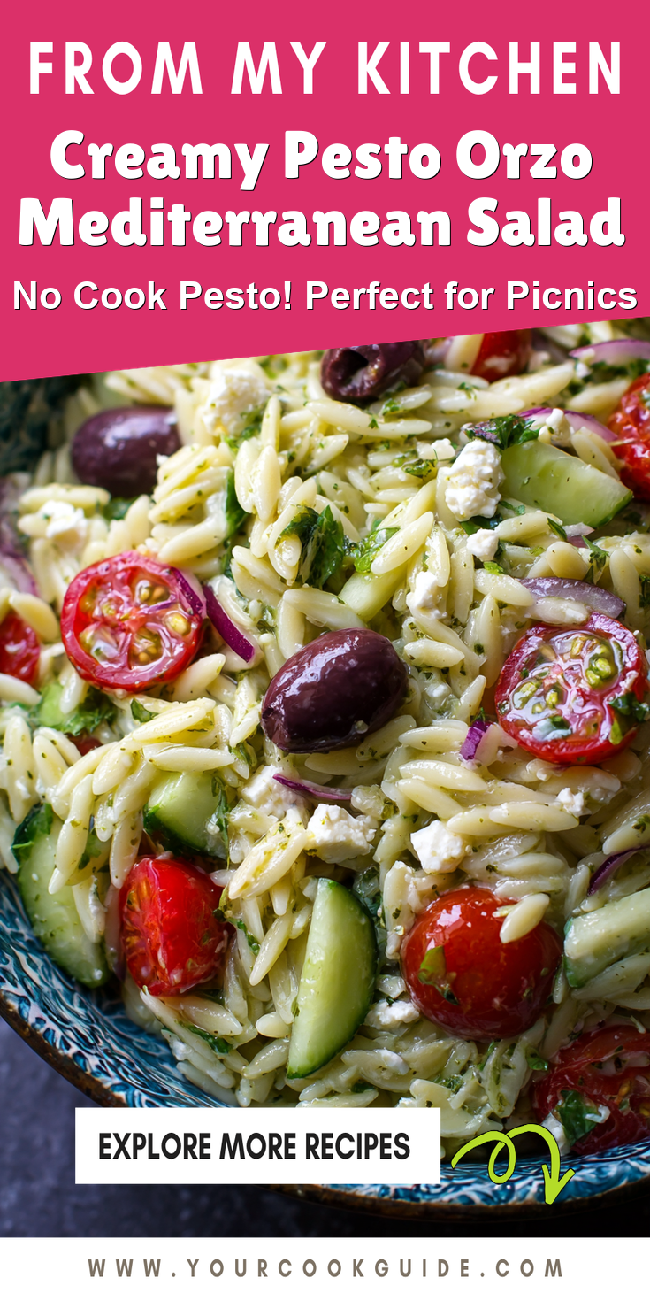 Creamy Pesto Orzo Mediterranean Salad served warm with cozy spices