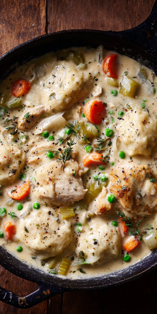 Creamy Southern Style Chicken And Dumplings served warm with cozy spices