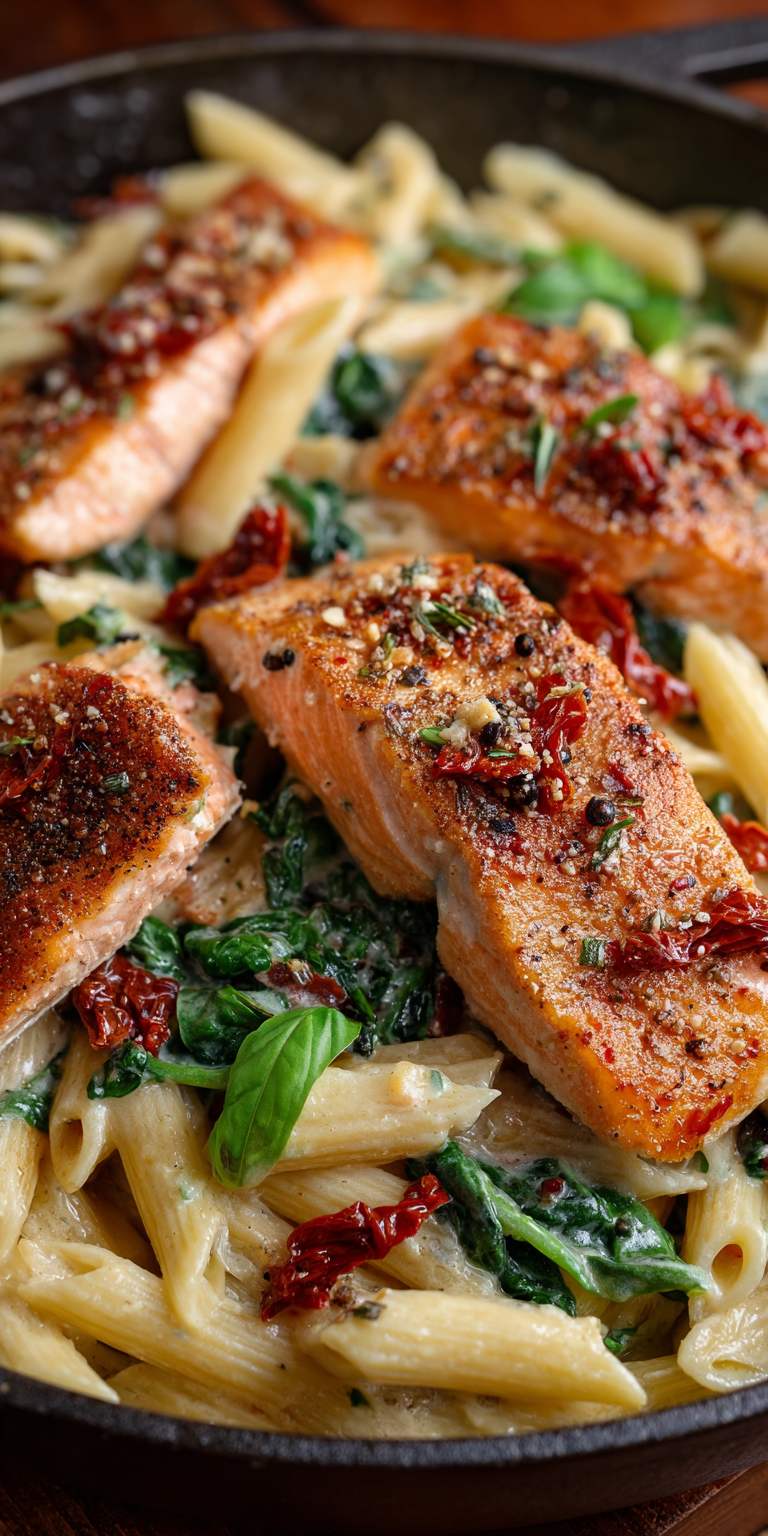 Creamy Tuscan Salmon Pasta served warm with cozy spices