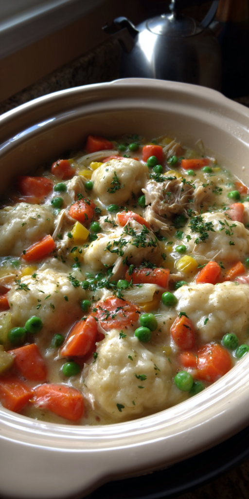 Crockpot Chicken And Dumplings Stew served warm with cozy spices