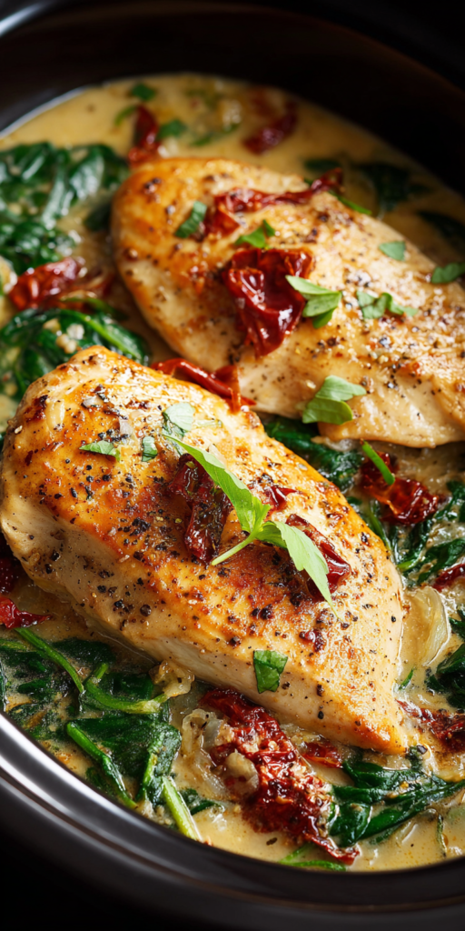 Crockpot Tuscan Chicken with Spinach served warm with cozy spices