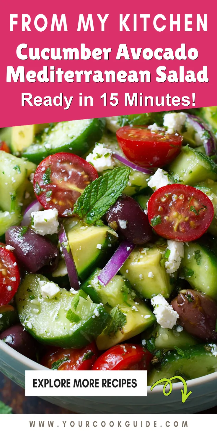 Cucumber Avocado Mediterranean Salad served warm with cozy spices