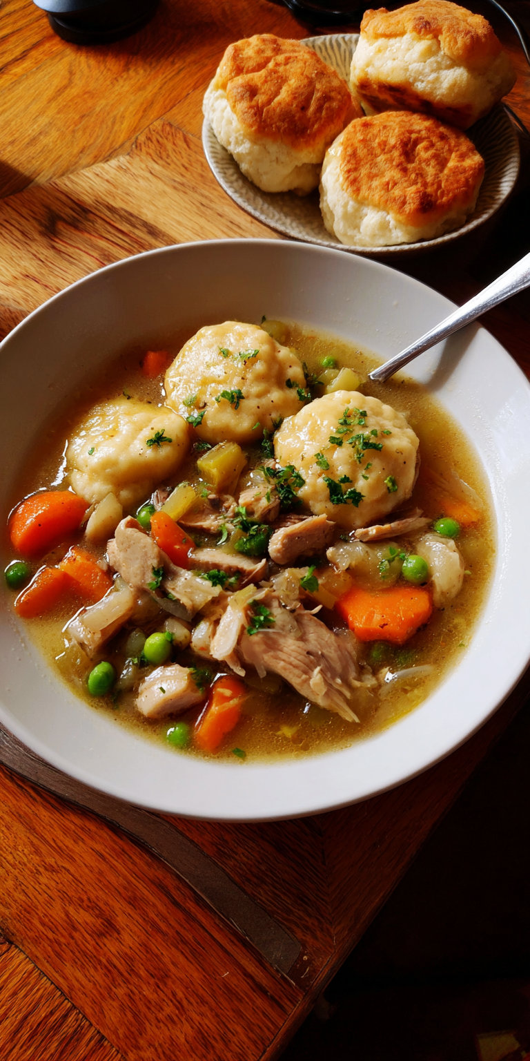 Flat Dumplings Chicken Stew served warm with cozy spices