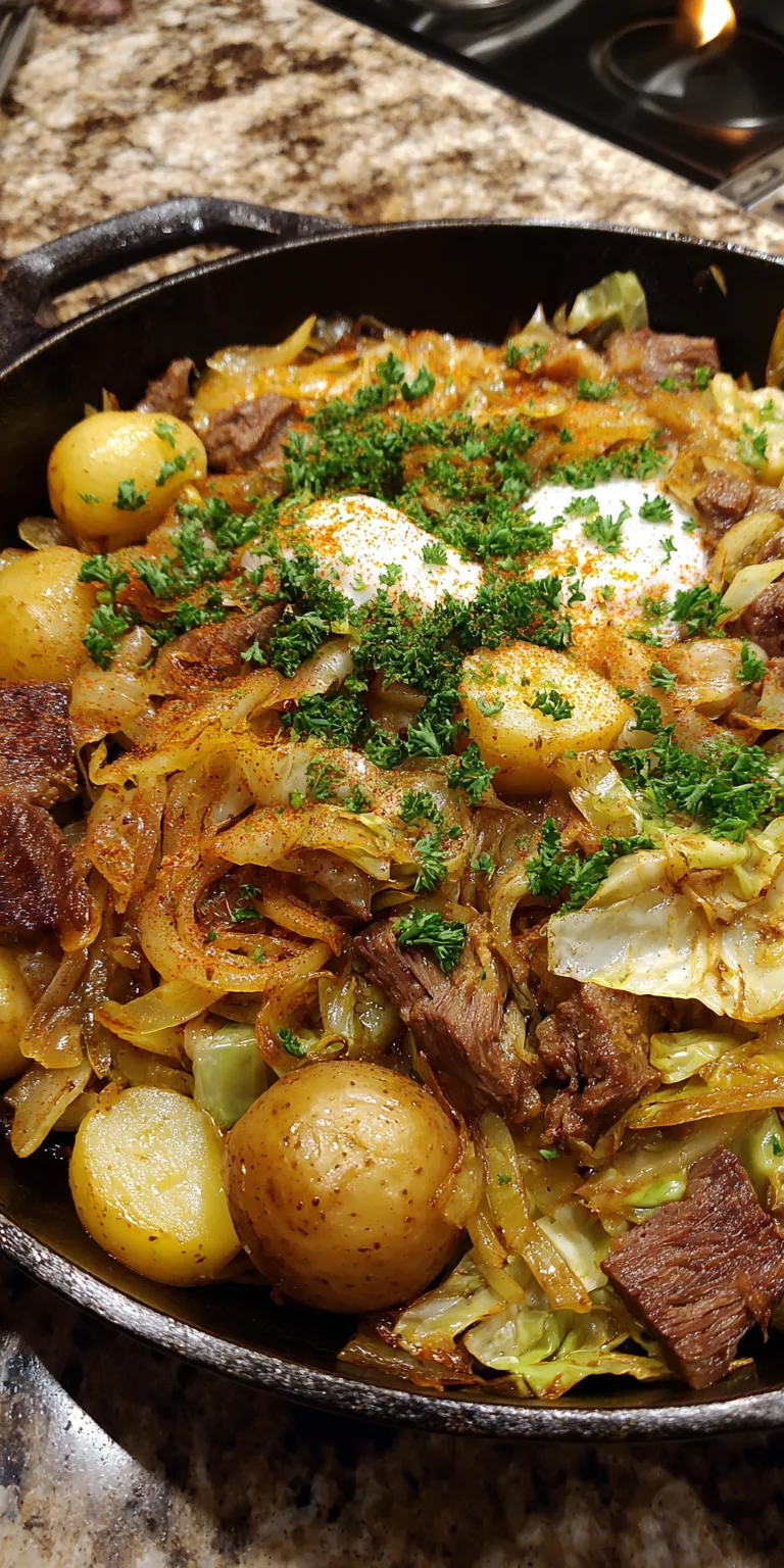 Fried Corned Beef and Cabbage Skillet served warm with cozy spices