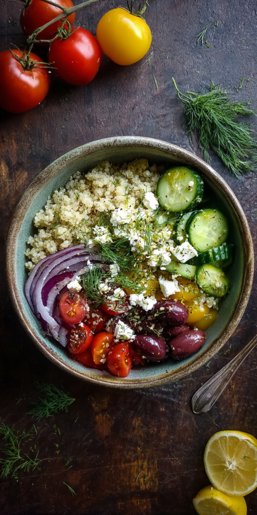 Greek Quinoa and Feta Power Bowls served warm with cozy spices