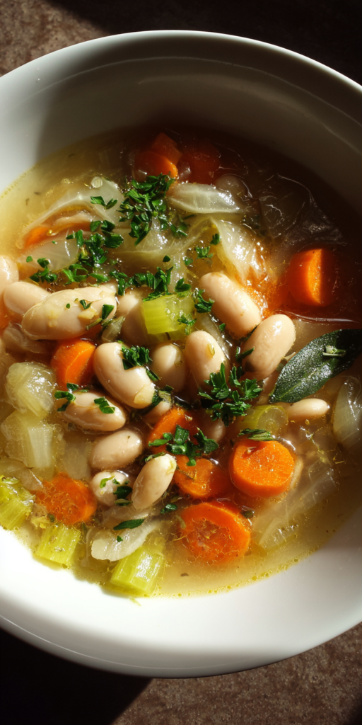 Greek White Bean Soup With Garlic & Lemon served warm with cozy spices