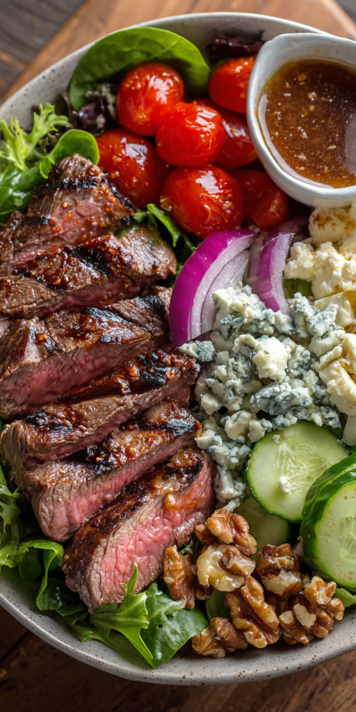 Grilled Steak and Blue Cheese Salad Bowl served warm with cozy spices