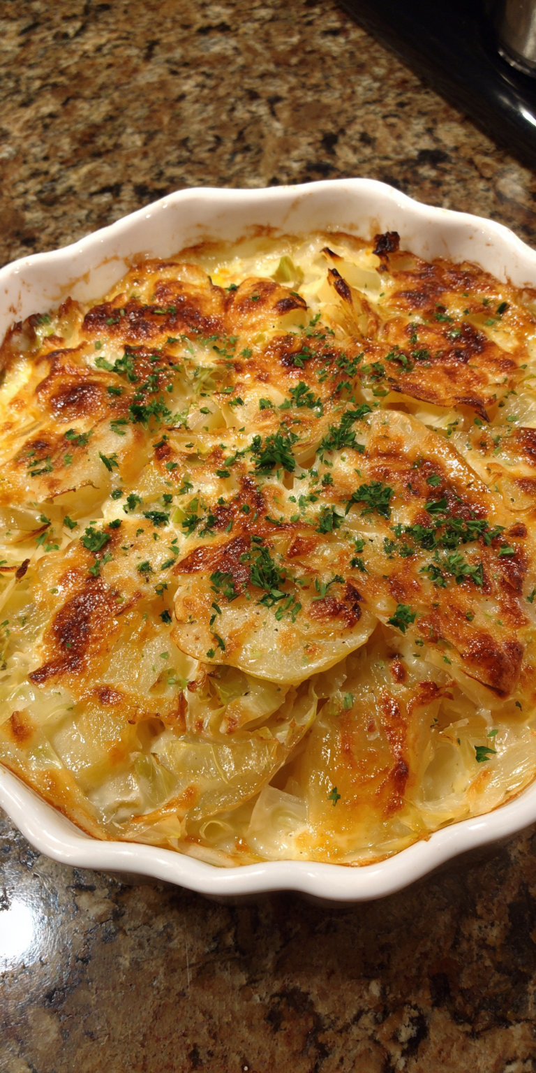 Irish Scalloped Potatoes with Cabbage served warm with cozy spices