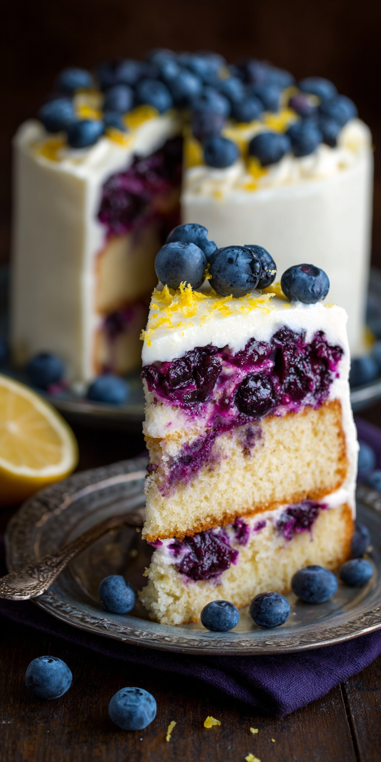Lemon Blueberry Layer Cake with Cream Cheese served warm with cozy spices