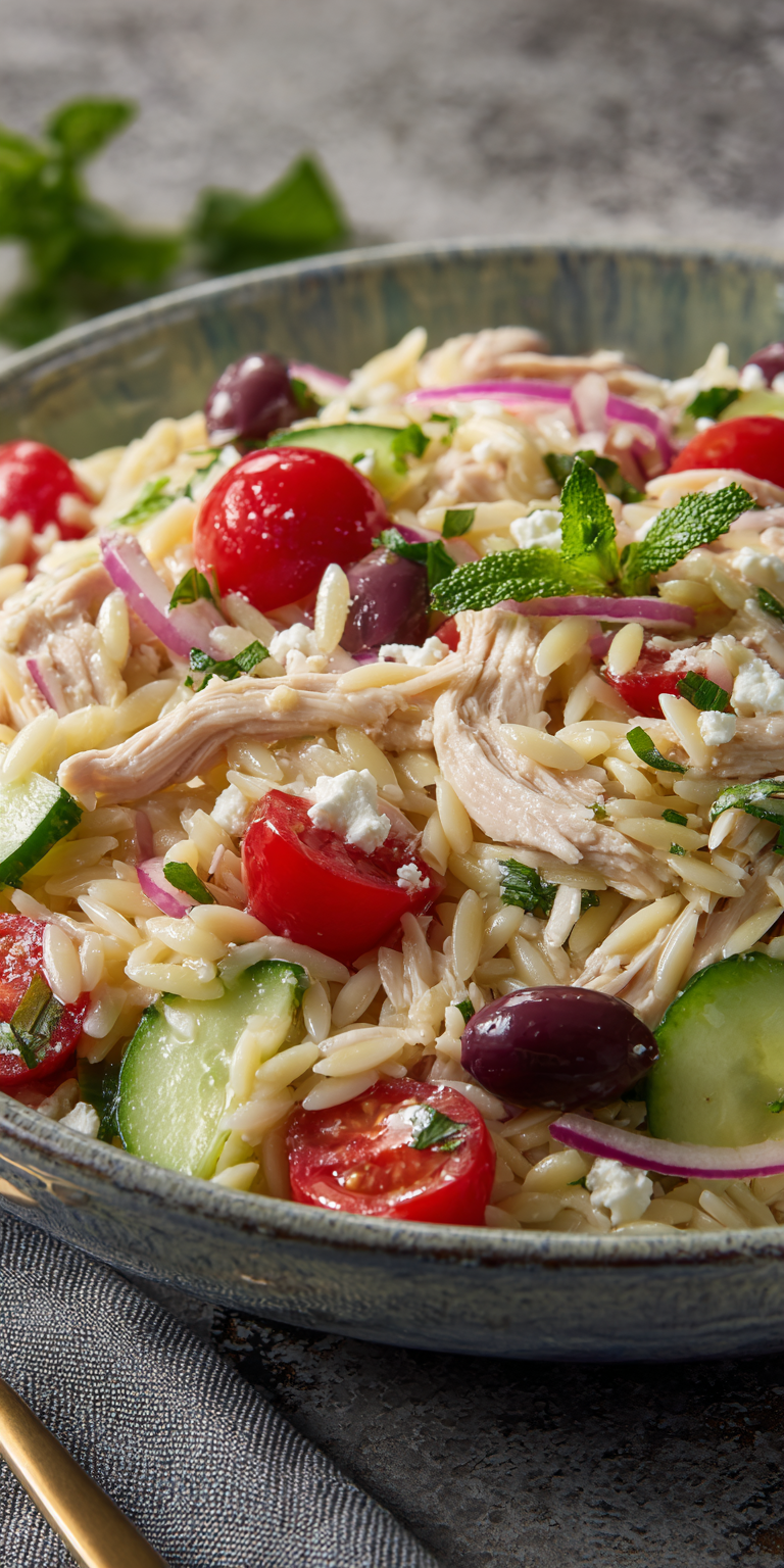 Mediterranean Orzo Salad Healthy Lunch served warm with cozy spices