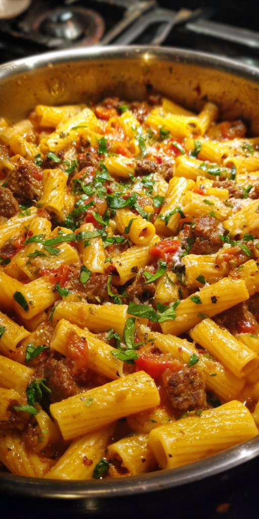 One Pot Creamy Pasta with Sausage served warm with cozy spices