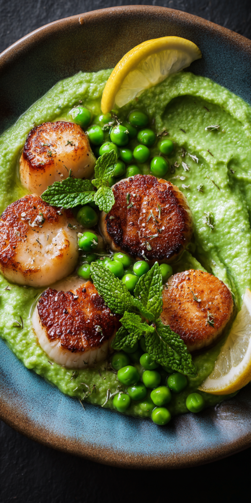 Pan Seared Scallops with Pea Puree served warm with cozy spices