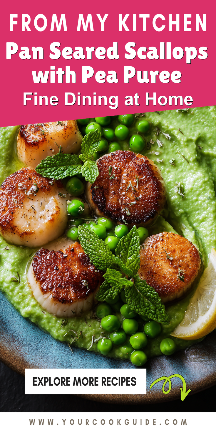 Pan Seared Scallops with Pea Puree served warm with cozy spices