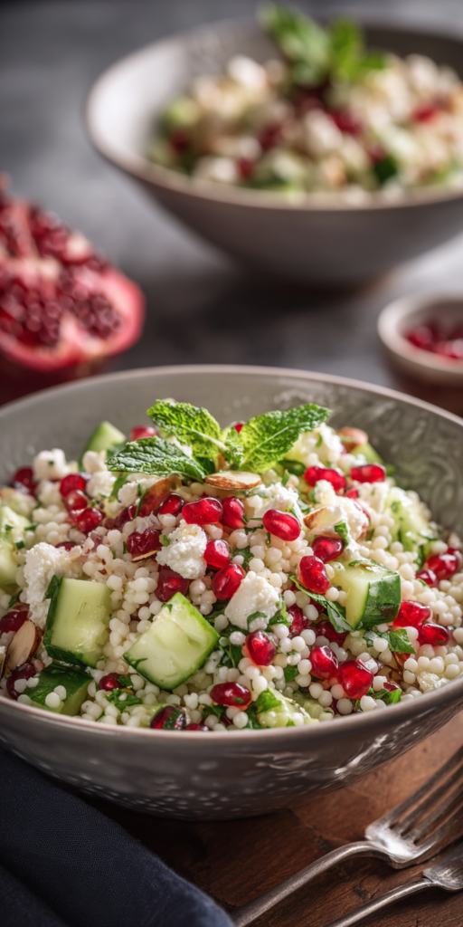 Pearl Couscous and Pomegranate Salad served warm with cozy spices
