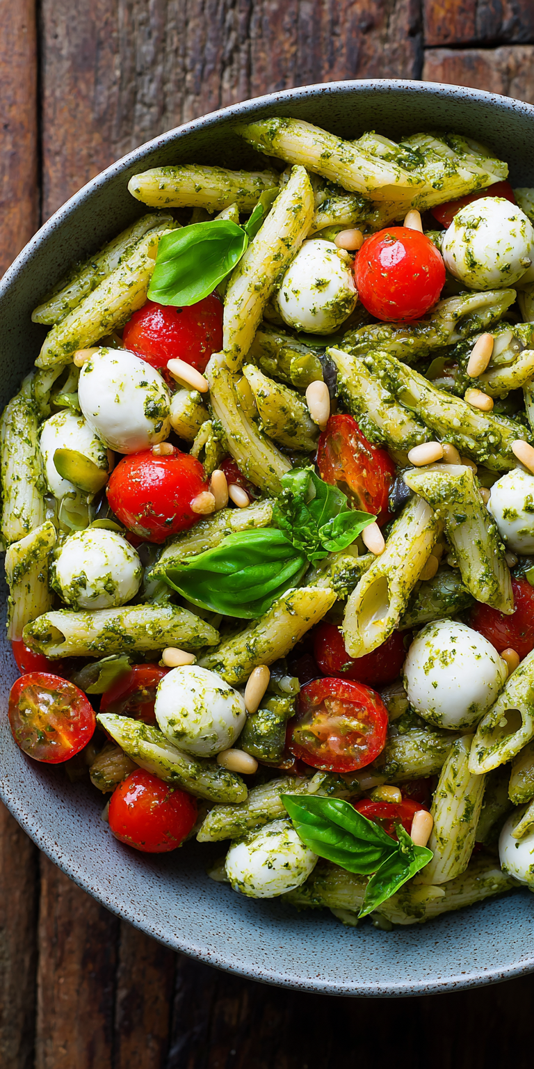 Pesto Mozzarella Easy Pasta Salad served warm with cozy spices