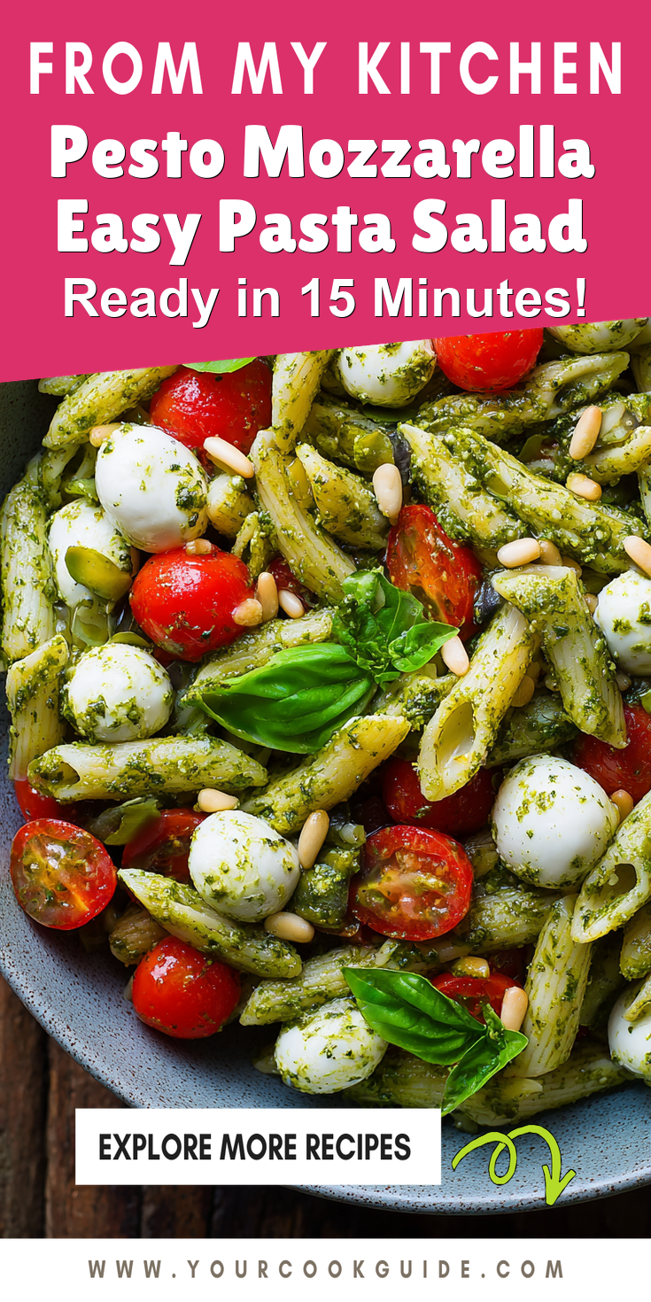 Pesto Mozzarella Easy Pasta Salad served warm with cozy spices