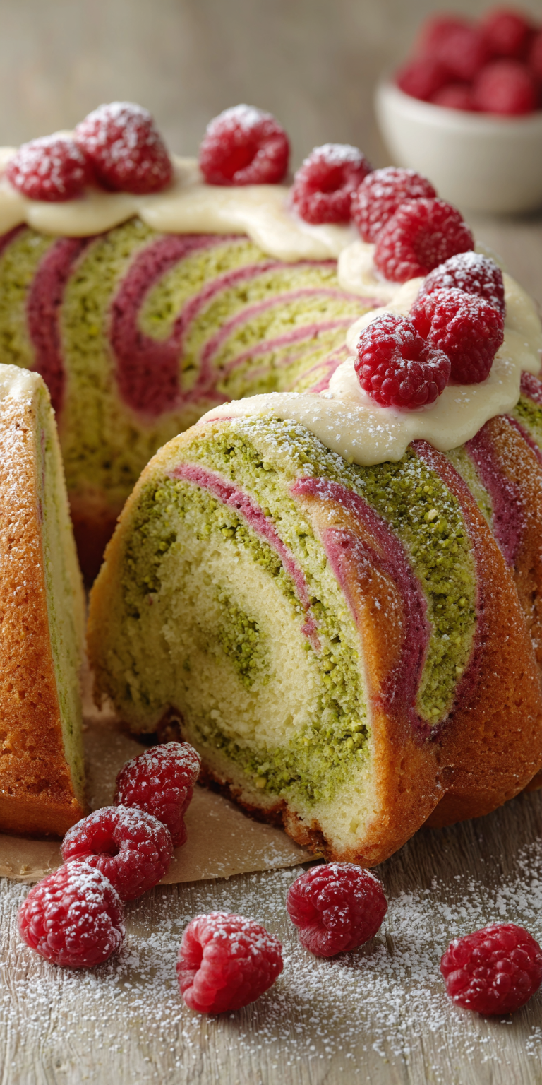 Pistachio Raspberry Cake served warm with cozy spices