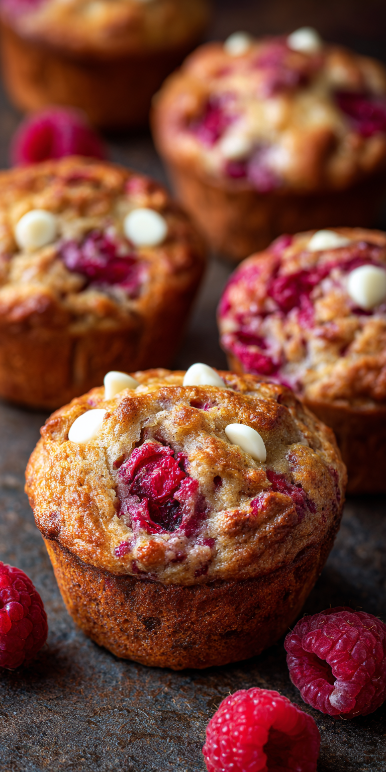 Raspberry White Chocolate Banana Muffins served warm with cozy spices