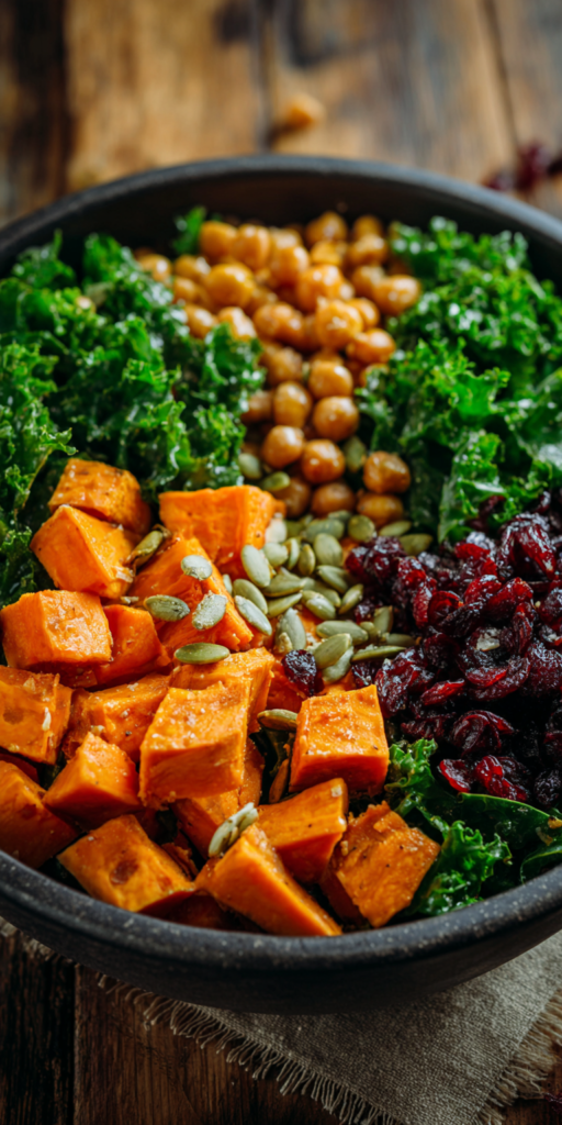 Roast Sweet Potato Kale Salad Bowl served warm with cozy spices