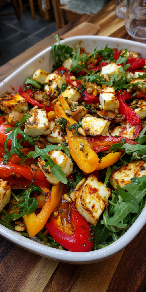 Roasted Bell Pepper and Grilled Halloumi Salad served warm with cozy spices